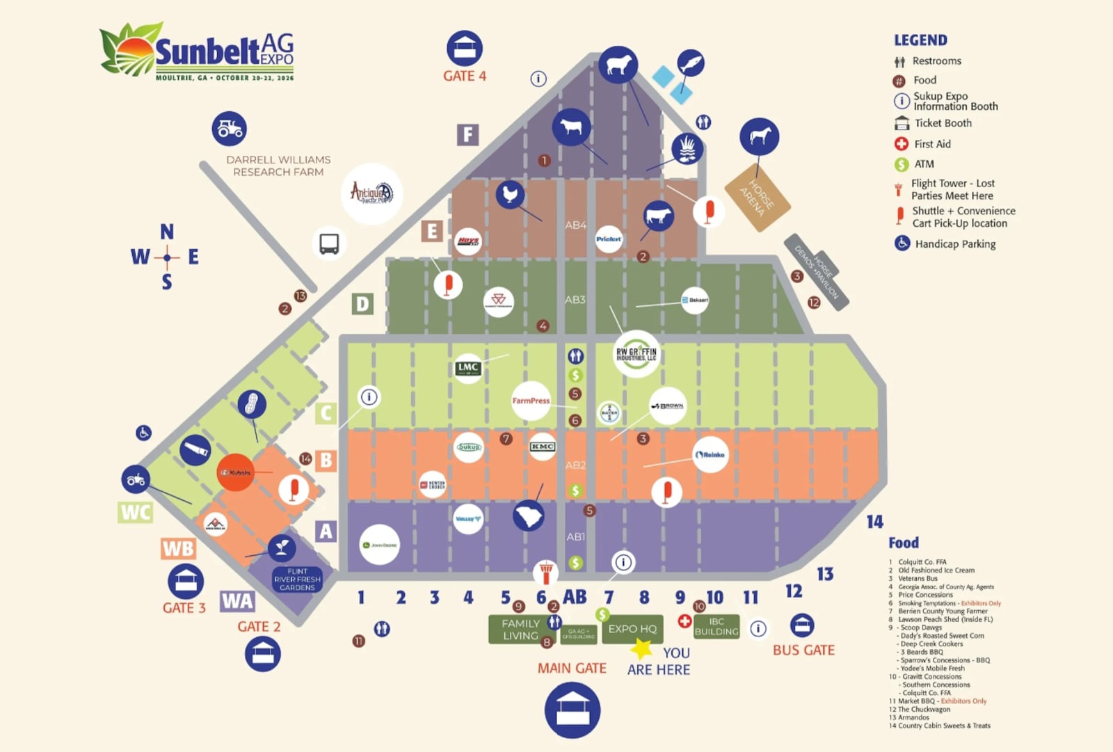 Map of the 2026 Sunbelt Ag Expo featuring locations of 20 food vendors, attractions, and more