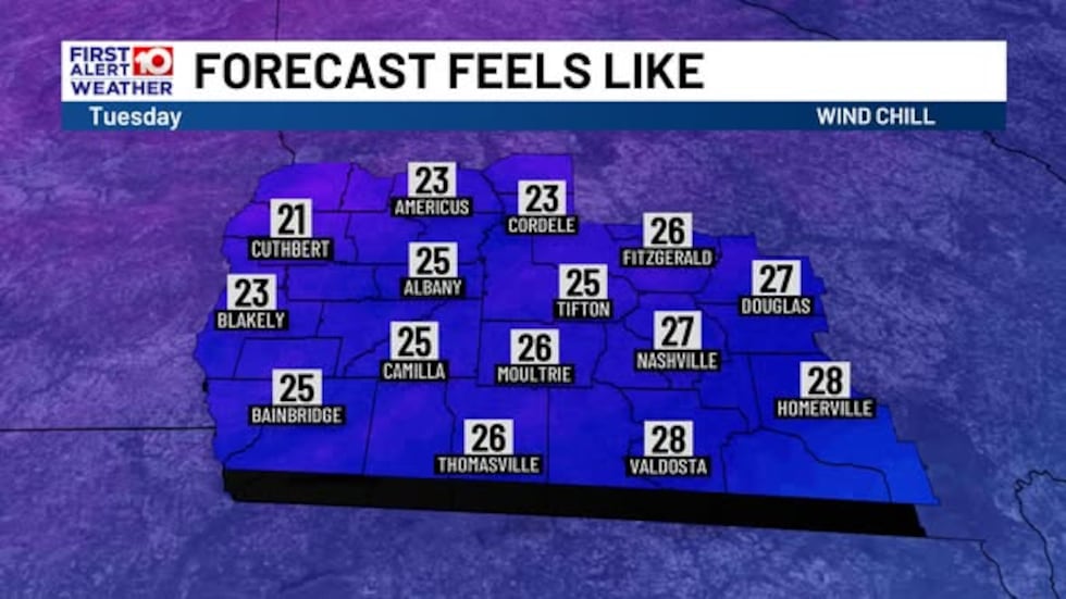 Arctic chill grips South Georgia, wind chills in the 20s, widespread freeze warnings, and...