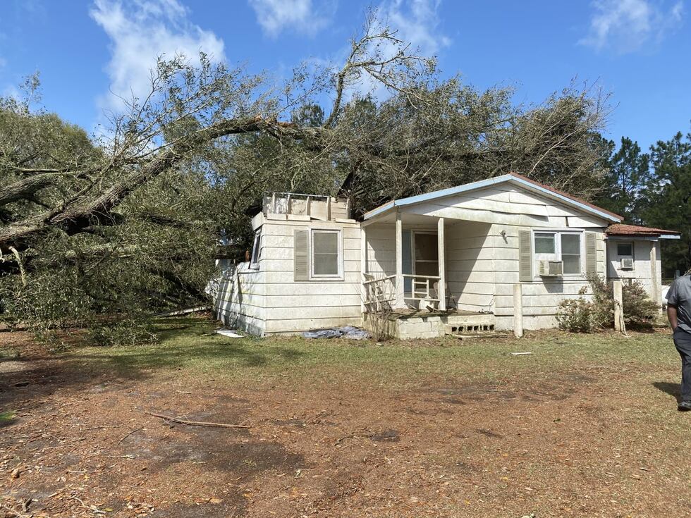 A large tree on top of a Lee County home from Thursday's severe weather.
