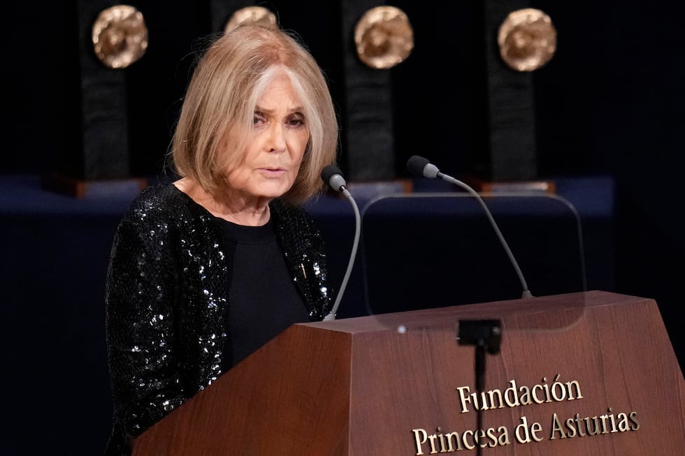 FILE - Gloria Steinem speaks during the 2021 Princess of Asturias Awards ceremony in Oviedo,...