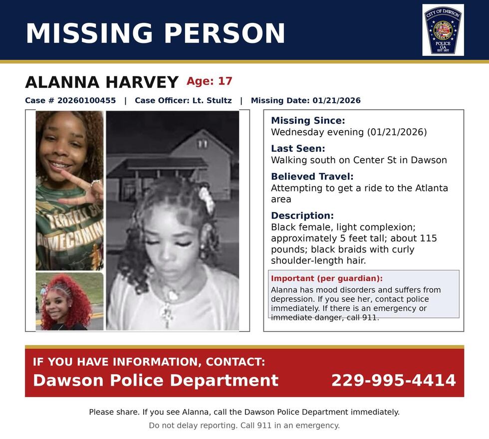 Girl reported missing from Dawson, believed to have tried to get a ride to Atlanta