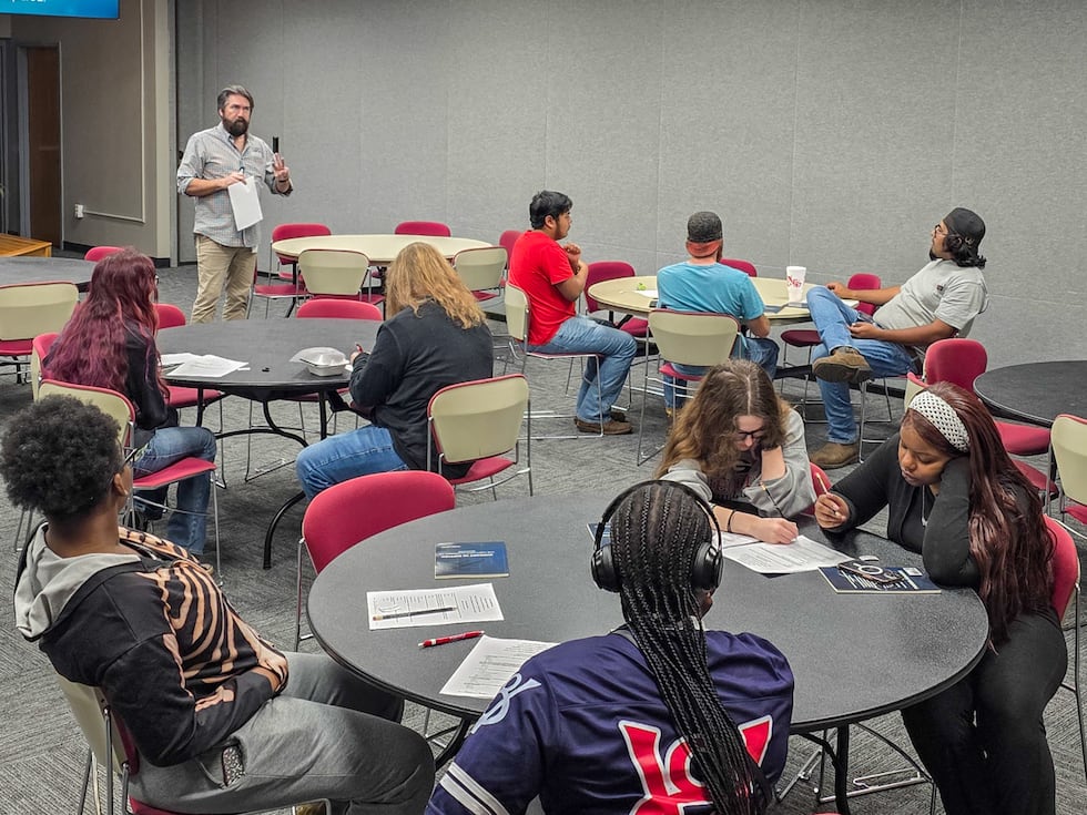 DW Persall leads a workshop on strategies for dealing with test anxiety for students at the...