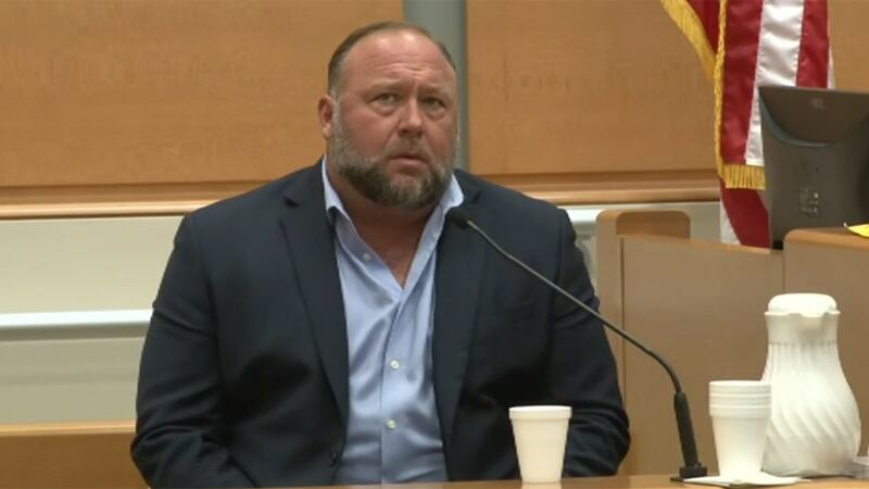 Alex Jones testifies Thursday in a trial in Waterbury, Connecticut.