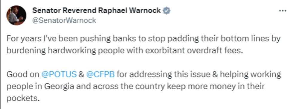 Sen. Warnock releases statement on new federal overdraft fee protections