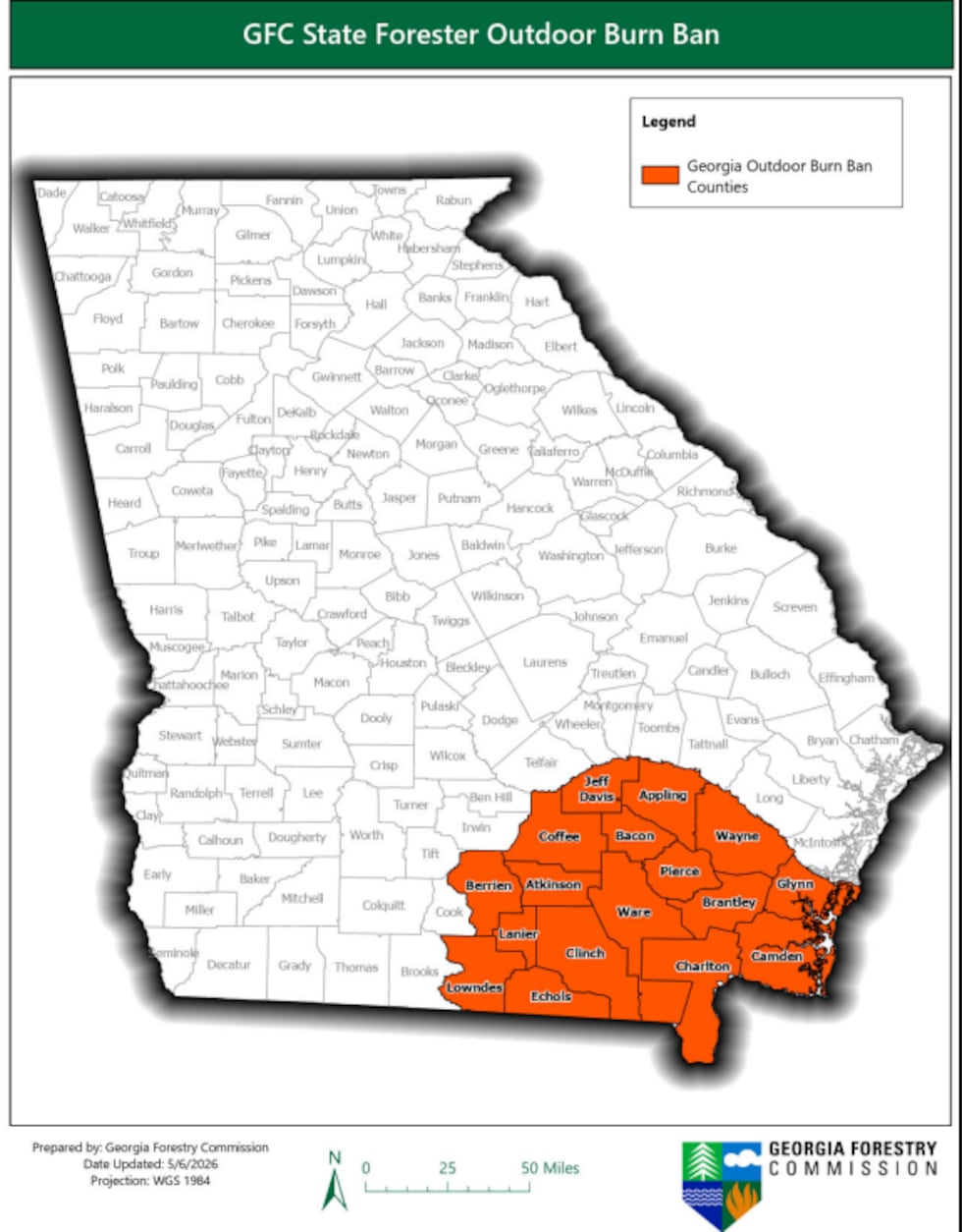 Georgia Forestry Commission map of counties still under a burn ban until May 22 or until...