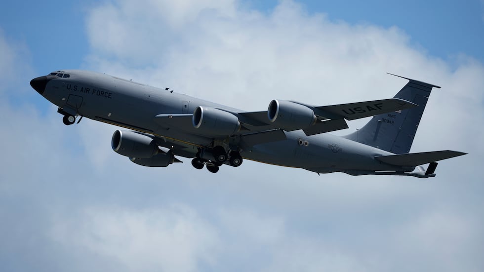 FILE - A U.S. Air Force KC-135 Stratotanker refueling tanker aircraft takes off from the...