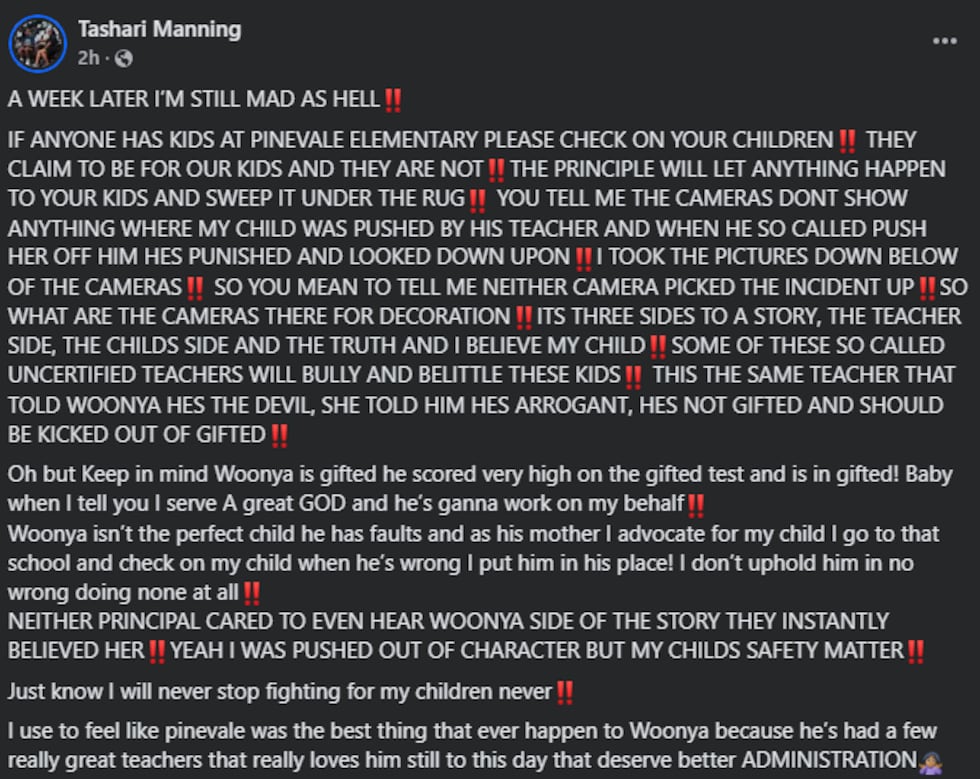 According to Tashari Manning, the incident happened on Wednesday, Nov. 5, when her fourth...