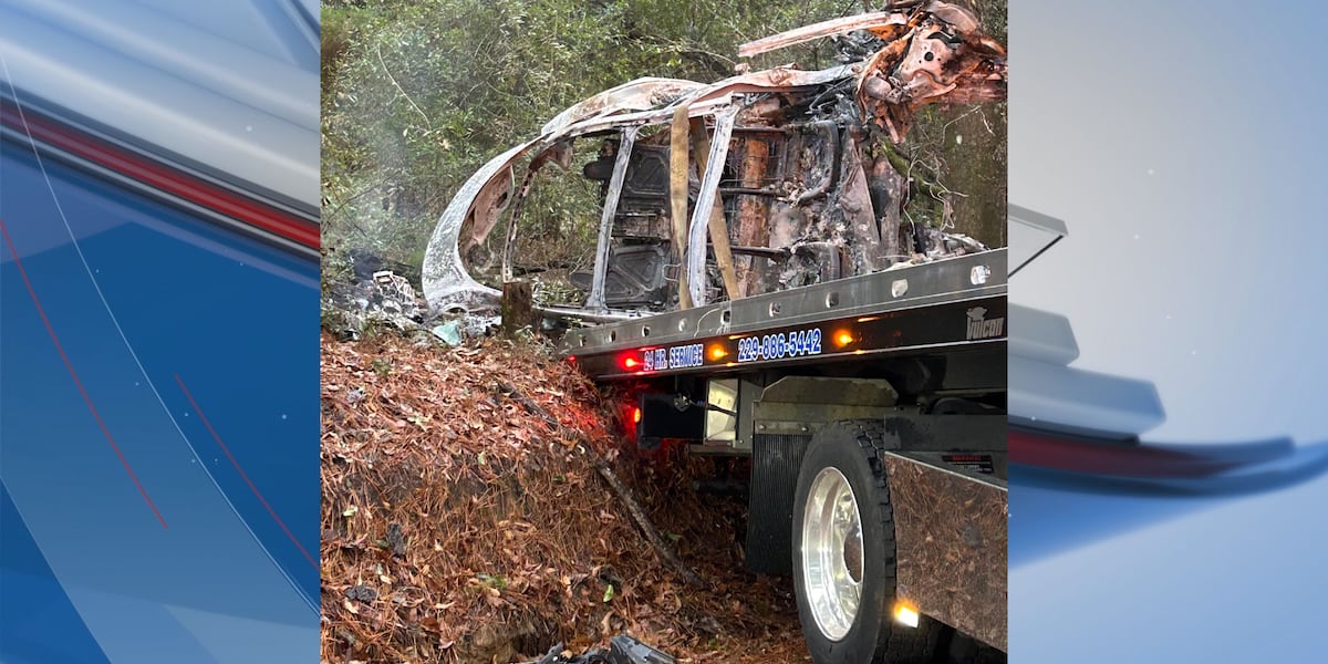 2025 Volvo tractor-trailer off the road in Lee County GA after hitting a power pole. One driver killed, roadway damage visible. Lee County Tractor-Trailer Fatal Crash
