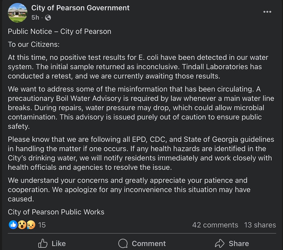Late Thursday, the City of Pearson addressed what it called misinformation on social media,...