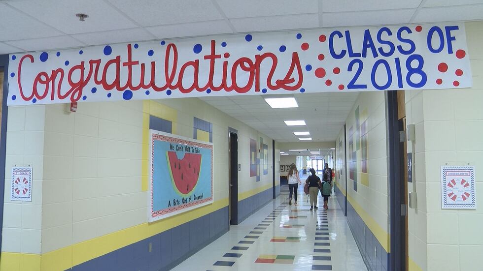 A banner hangs to congratulate the fifth grade students on their elementary school graduation...