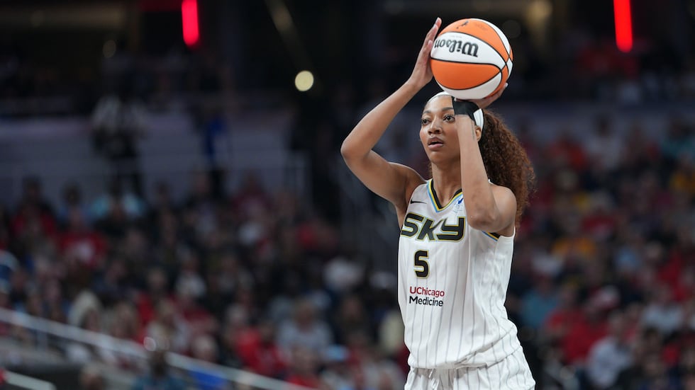 Chicago Sky forward Angel Reese shoots during a WNBA basketball game against the Indiana Fever...