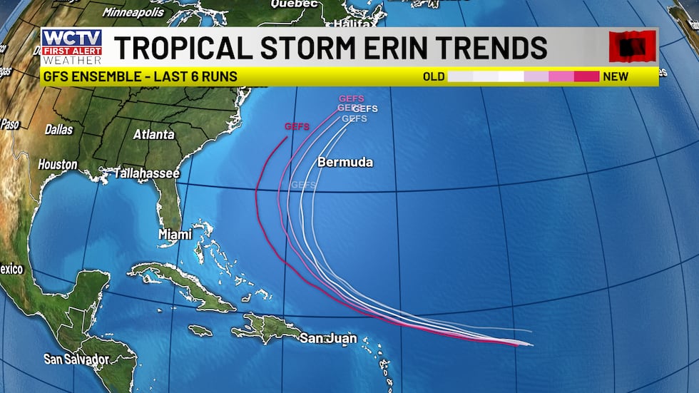 A look at the GFS Ensemble trend over the last six runs. Notice a slight nudge west.