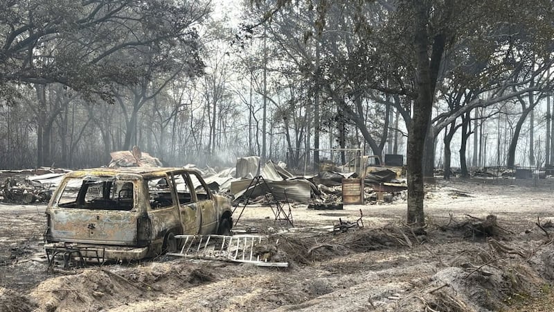 This photo provided by the Georgia Department of Natural Resources shows burned vehicles and...