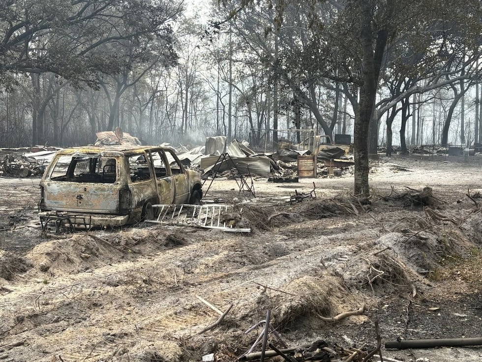 This photo provided by the Georgia Department of Natural Resources shows burned vehicles and...