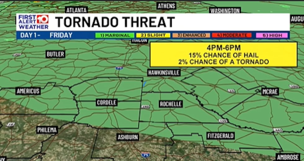 There's a higher hail and an isolated tornado threat for communities along a line from Plains...