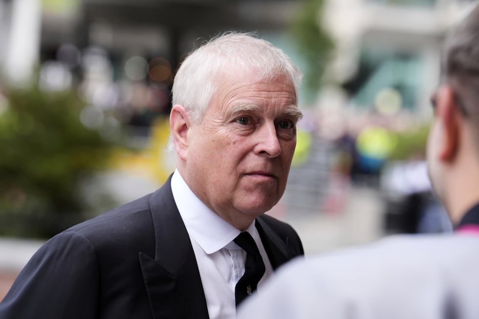 FILE - Prince Andrew arrives for the funeral of the Duchess of Kent at Westminster Cathedral...