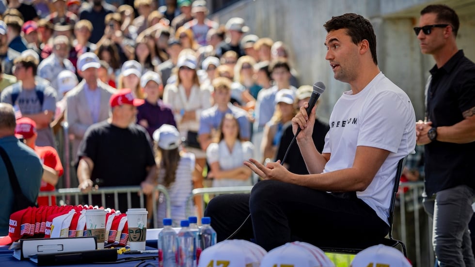 Charlie Kirk speaks before he is shot during Turning Point's visit to Utah Valley University...