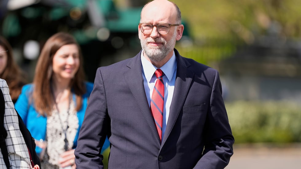 Office of Management and Budget director Russell Vought walks after a television interview at...