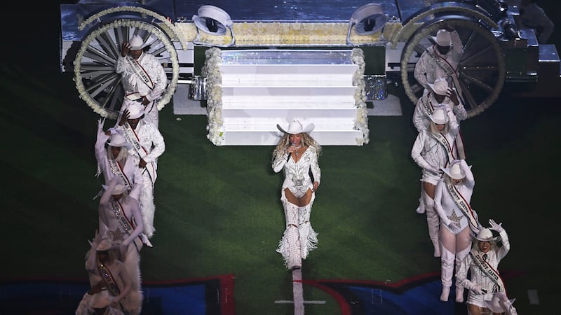 Beyonce performs at half-time as the Baltimore Ravens take on Houston Texans, in an NFL...