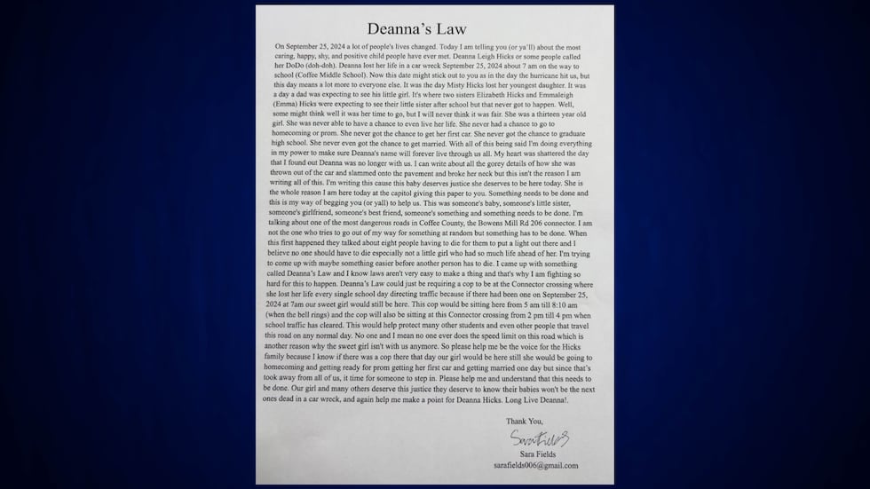 Student’s letter spurs lawmaker action after fatal Coffee County crash