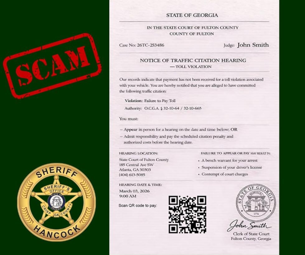 Crisp County Sheriff’s Office is warning residents about a fraudulent "Notice of Traffic...