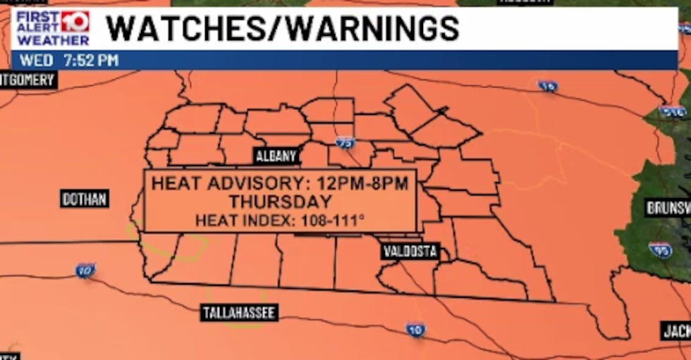 Heat Advisory across South Georgia on Thursday