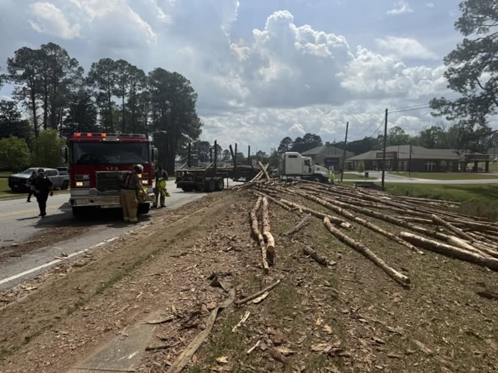 Log truck overturns in Sylvester