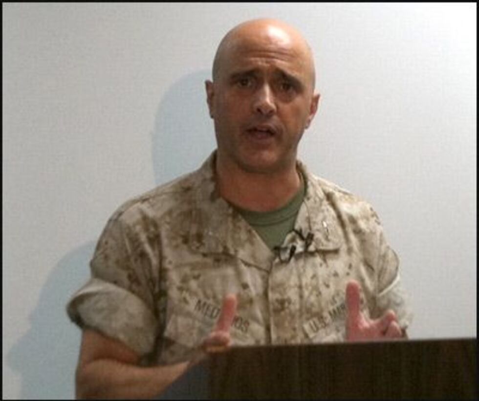 Col. Medeiros met the news media Thursday afternoon at MCLB