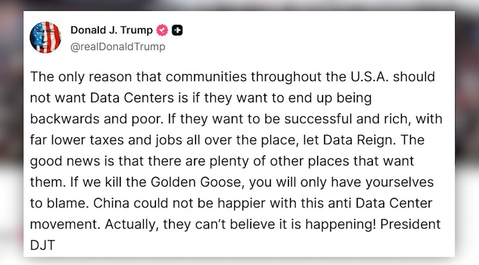 Trump took to social media to support data centers.