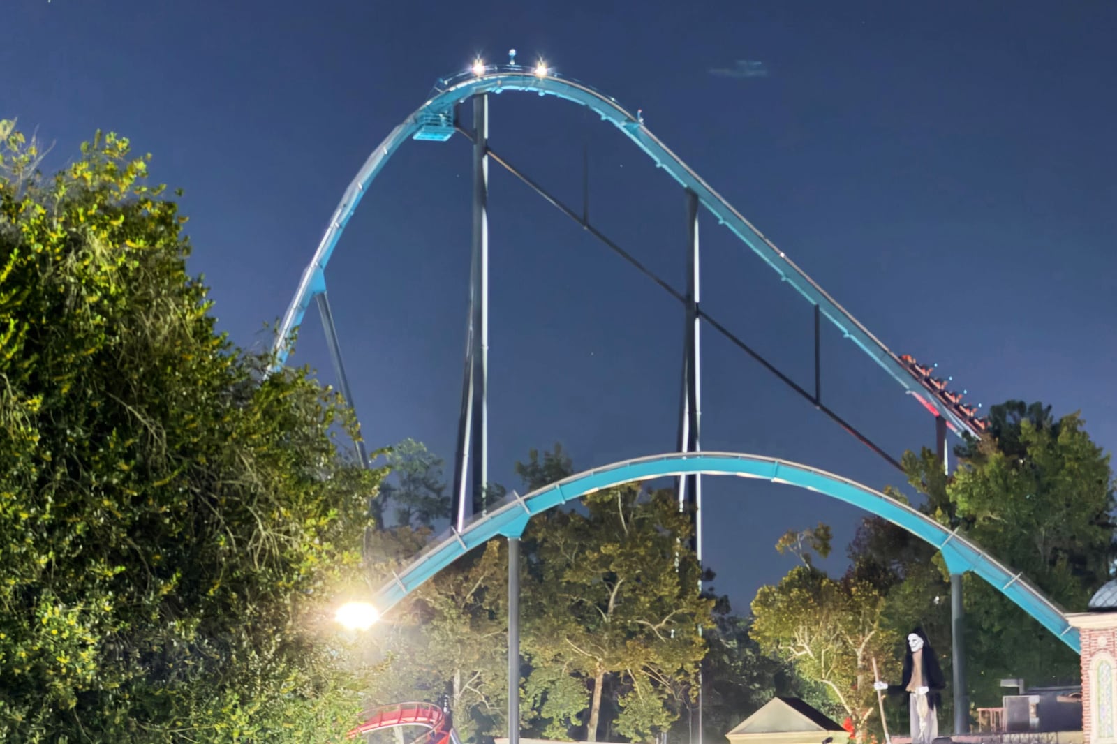 A roller coaster is shown at Six Flags over Georgia on Monday, Oct. 12, 2026 in Austell, Ga....