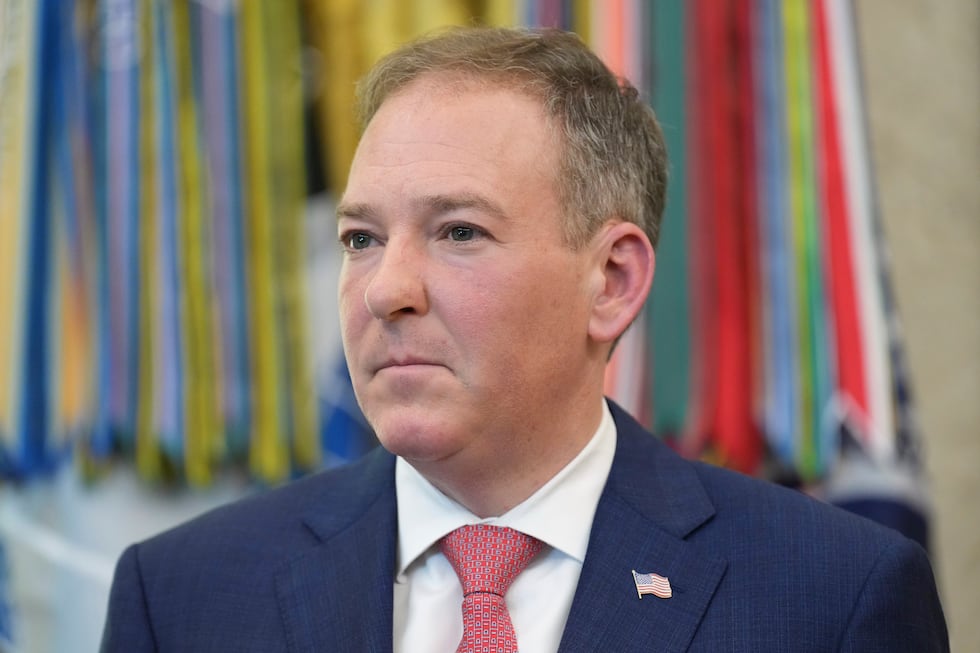 FILE - Environmental Protection Agency administrator Lee Zeldin listens as President Donald...
