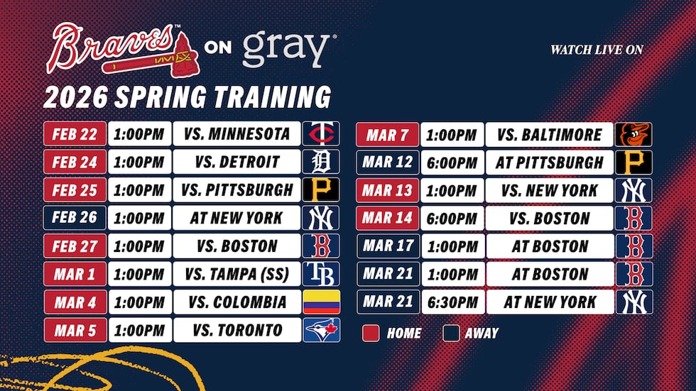 The Atlanta Braves Spring Training broadcast schedule for 2026.