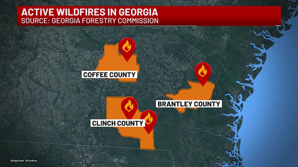 Active wildfires in South Georgia, according to the Georgia Forestry Commission (April 21, 2026).